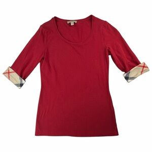 BURBERRY Brit Nova Check Flip Cuff Womens 3/4 Sleeve Red Shirt Luxury  XS